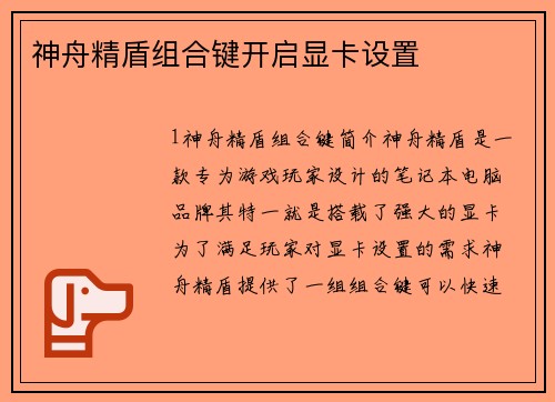 神舟精盾组合键开启显卡设置